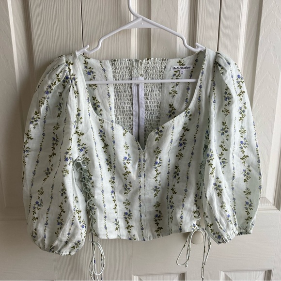 Floral puff sleeve linen top - Picture 1 of 12